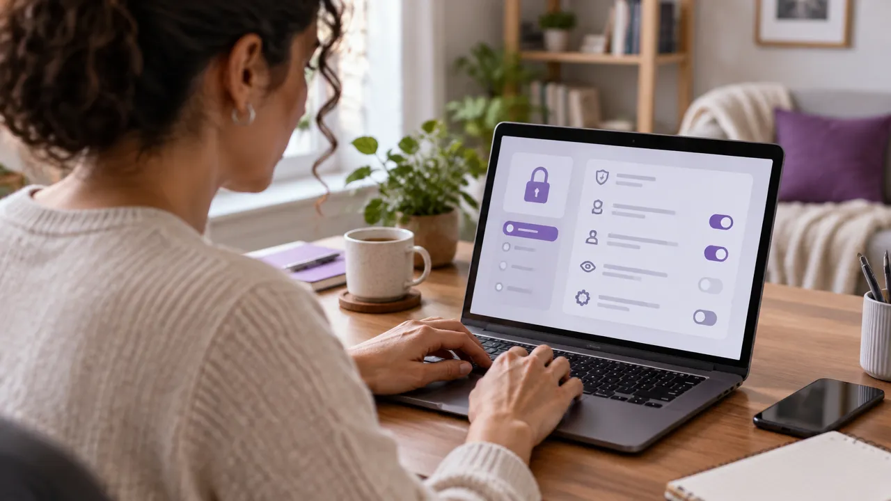 Profissional revisa as configurações de privacidade e segurança em um laptop