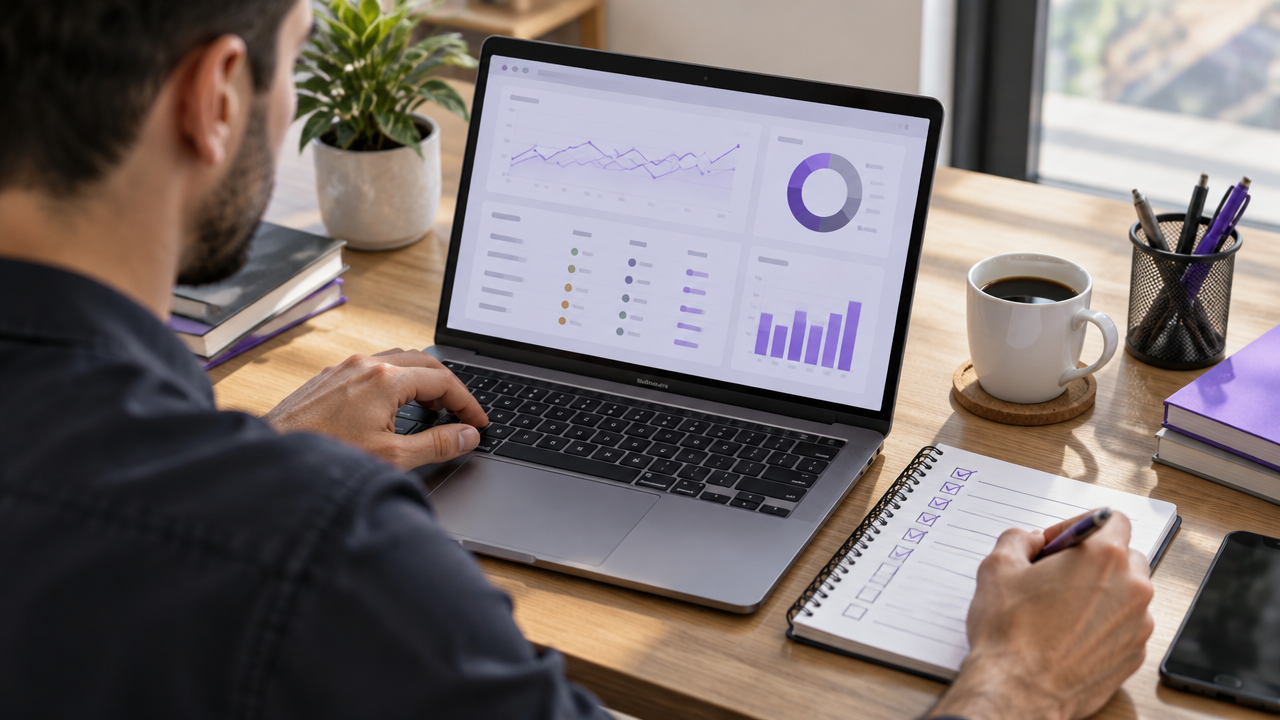 Profissional revisa dados de backlinks e organiza uma campanha de aquisição de links