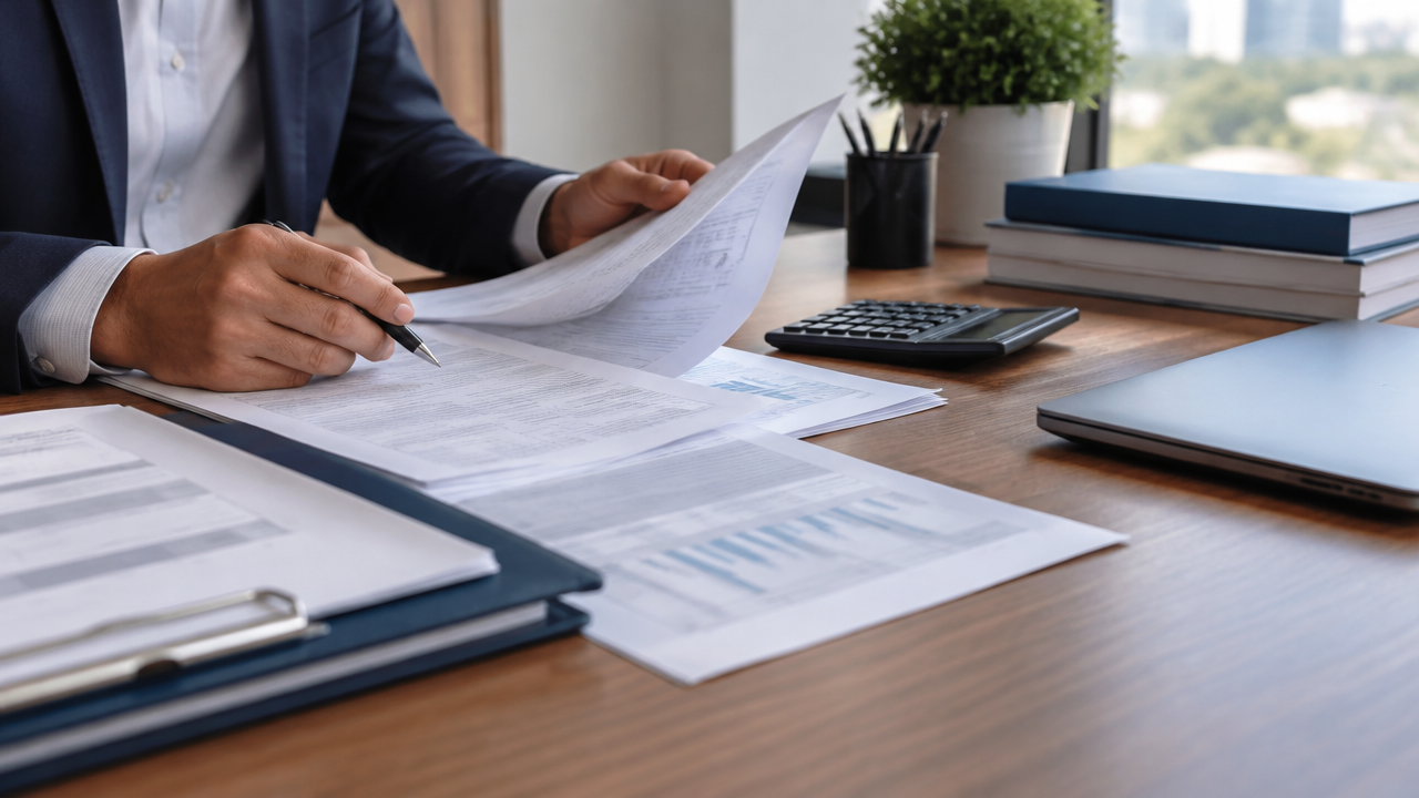 Profissional analisa documentos de uma autuação fiscal em mesa de escritório