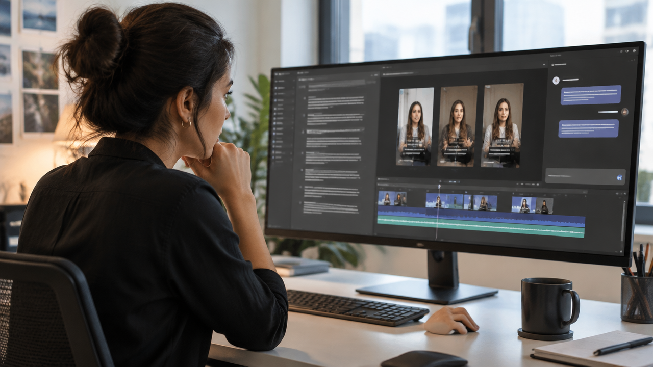 Professional reviews transcription, selected moments, and previews of vertical videos at an editing station