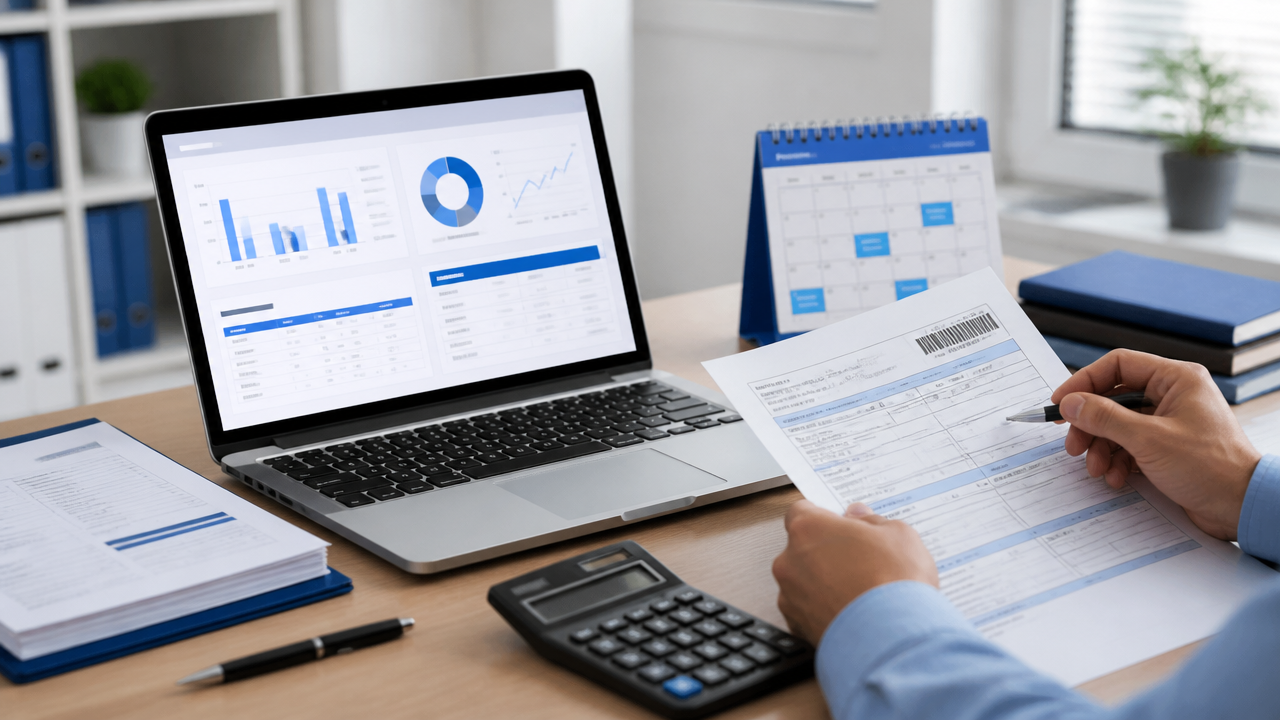Profissional revisando calendário fiscal e documentos de nota eletrônica no escritório