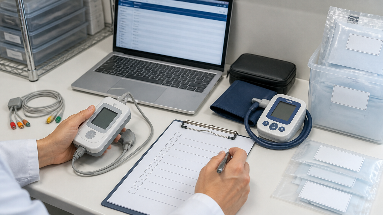 Profissional revisando checklist e fluxo digital de ECG, Holter e MAPA em bancada clínica organizada