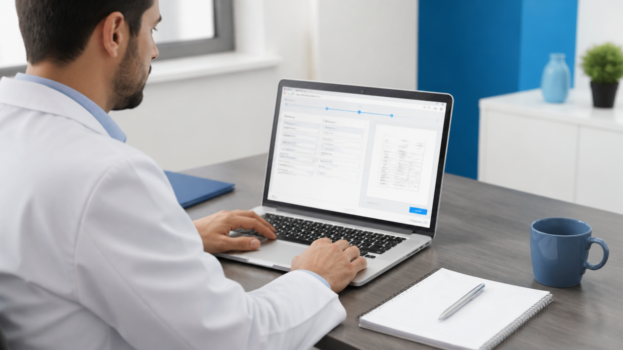 Profissional revisando dados para emitir nota fiscal de serviço em notebook