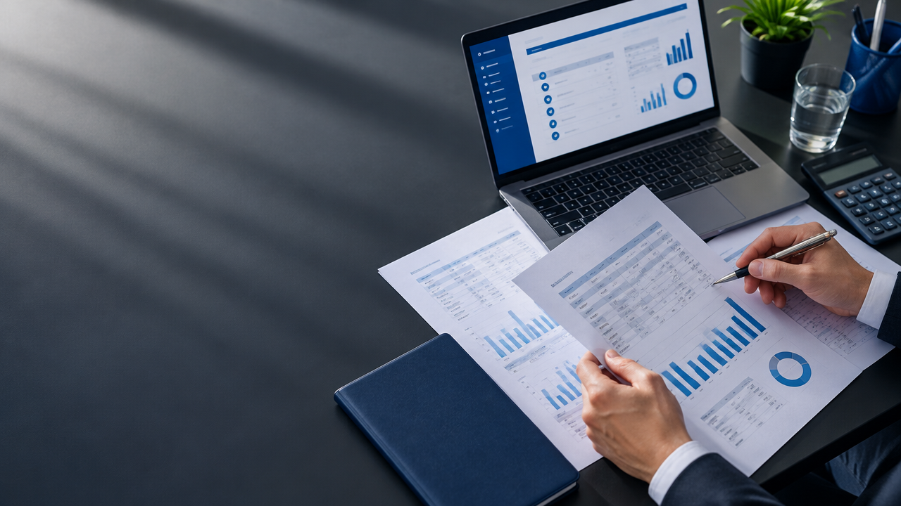 Profissional revisando documentos fiscais e dados de uma escrituração digital em um notebook