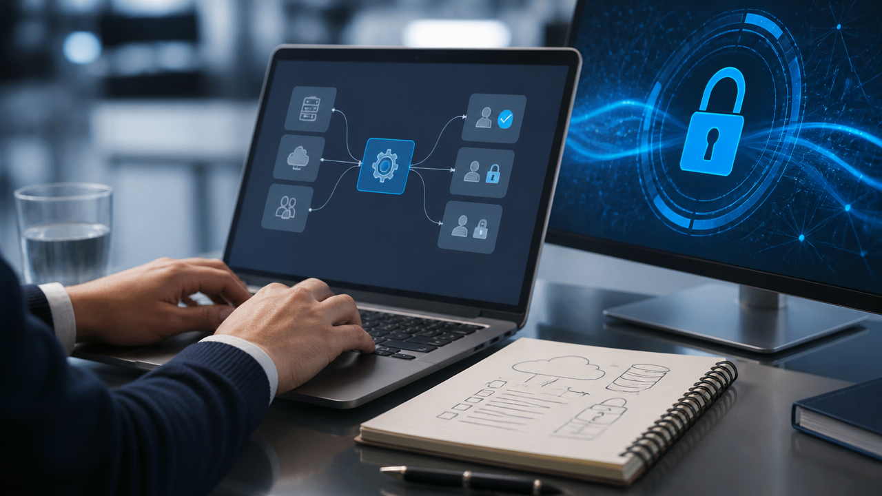 Profissional revisando integrações, permissões e portabilidade de dados em sistema SaaS
