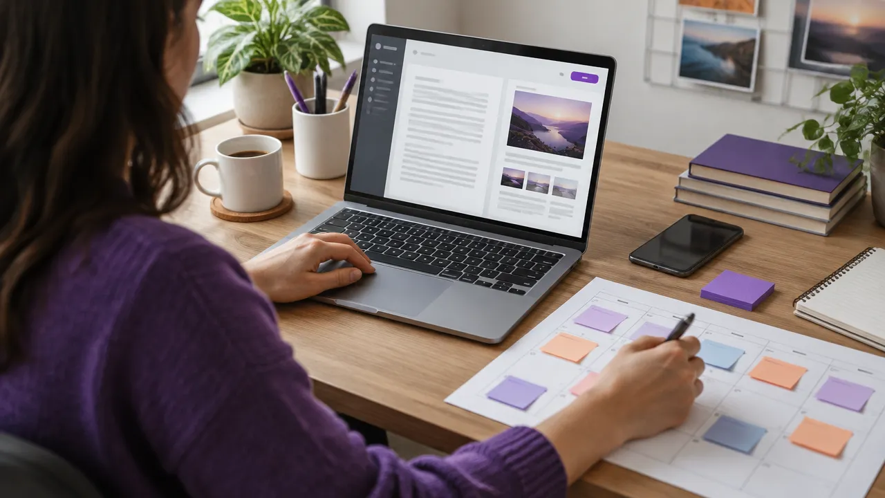 Profissional revisando um artigo e organizando o calendário de publicações do blog corporativo