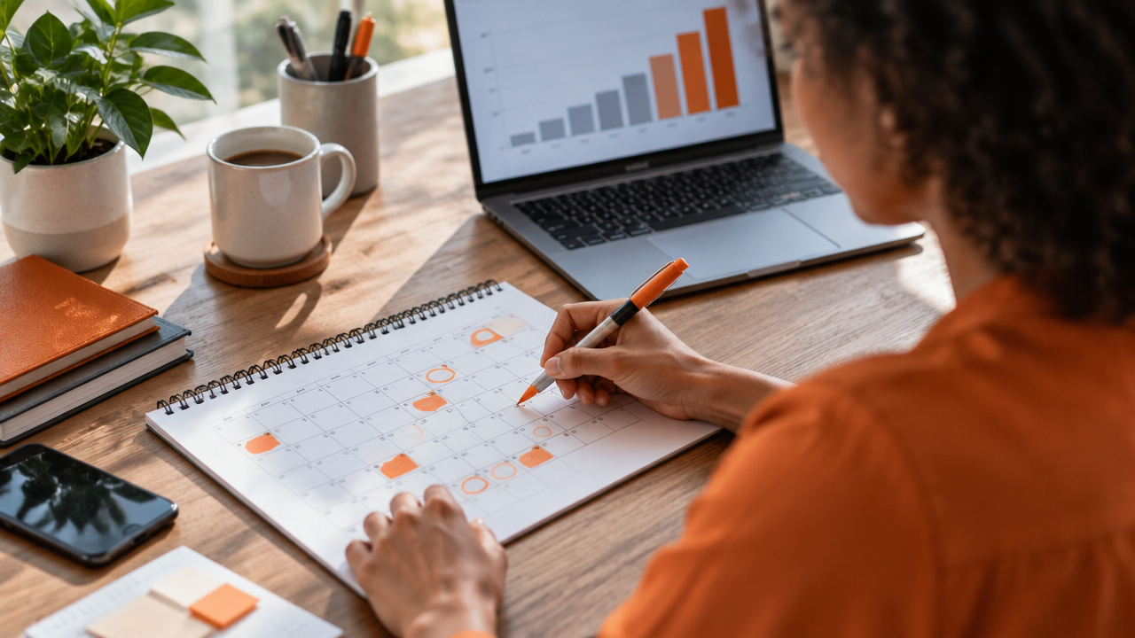 Profissional revisando um calendário e acompanhando etapas do seu desenvolvimento de carreira