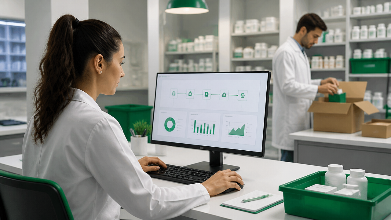 Profissional usando automação para organizar atendimento e pedidos em farmácia de manipulação