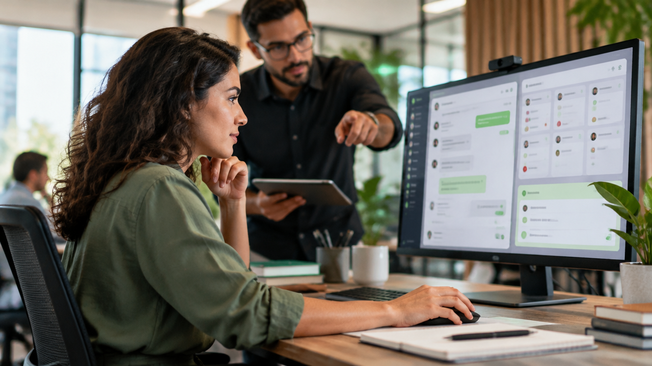 Profissional usando painel de atendimento e CRM com automação inteligente em um escritório