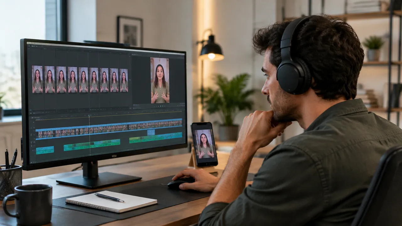 Profissional usando uma interface genérica para selecionar e revisar vários cortes de vídeo em lote