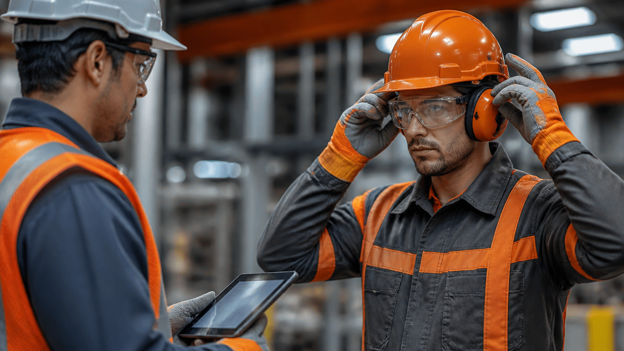 Profissional verifica riscos enquanto trabalhador utiliza equipamentos de proteção individual