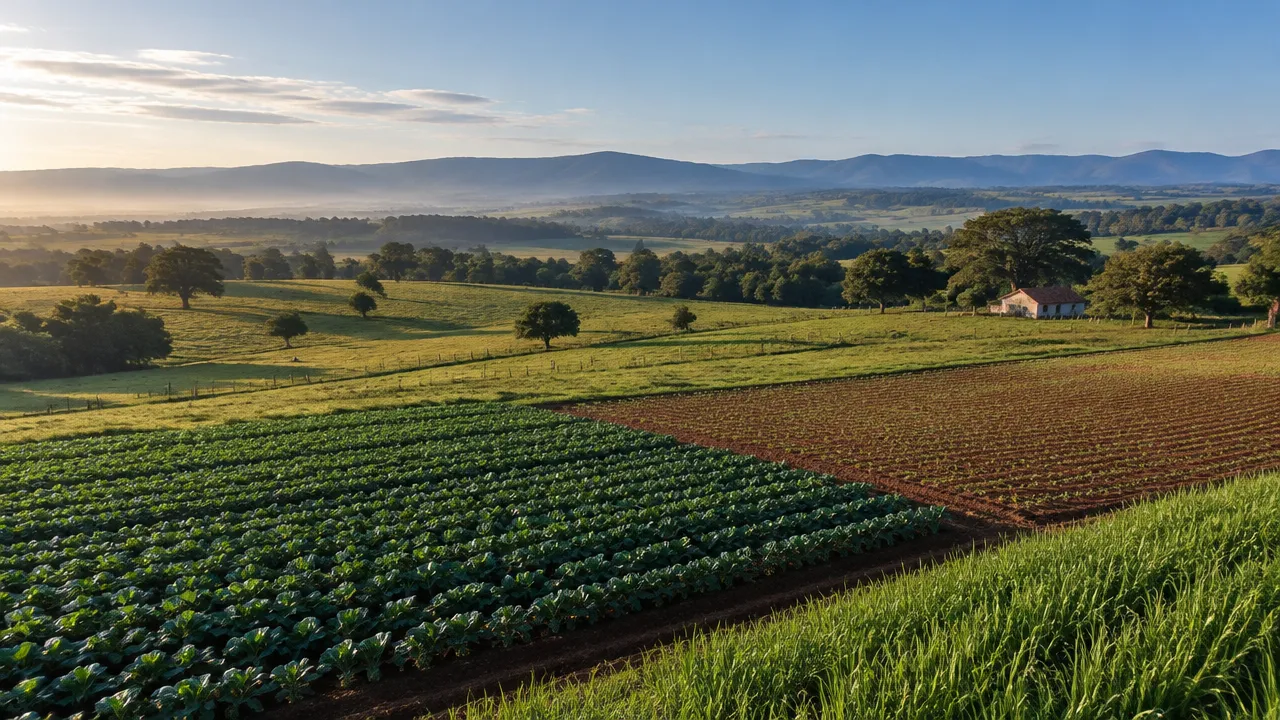 Propriedade rural brasileira com áreas de cultivo e pastagem, representando o imóvel sujeito ao ITR