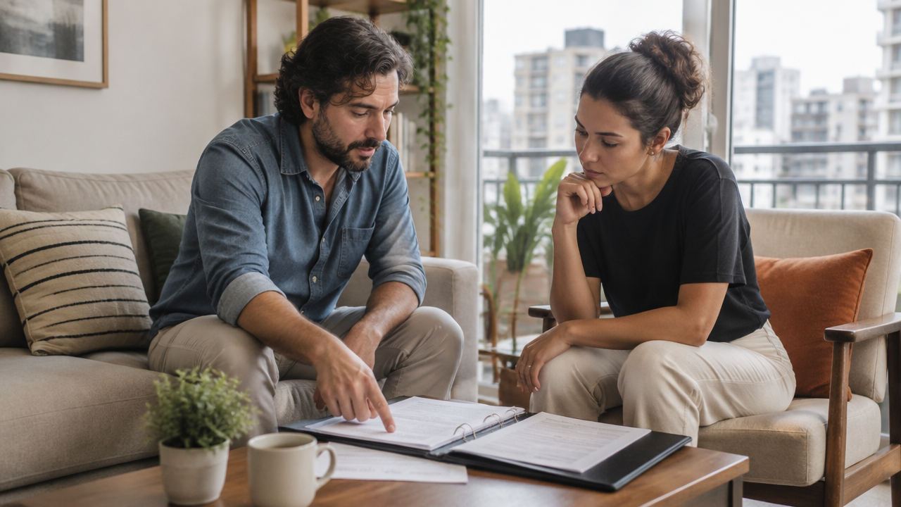 Proprietário e interessado conversam sobre documentos antes de alugar um apartamento
