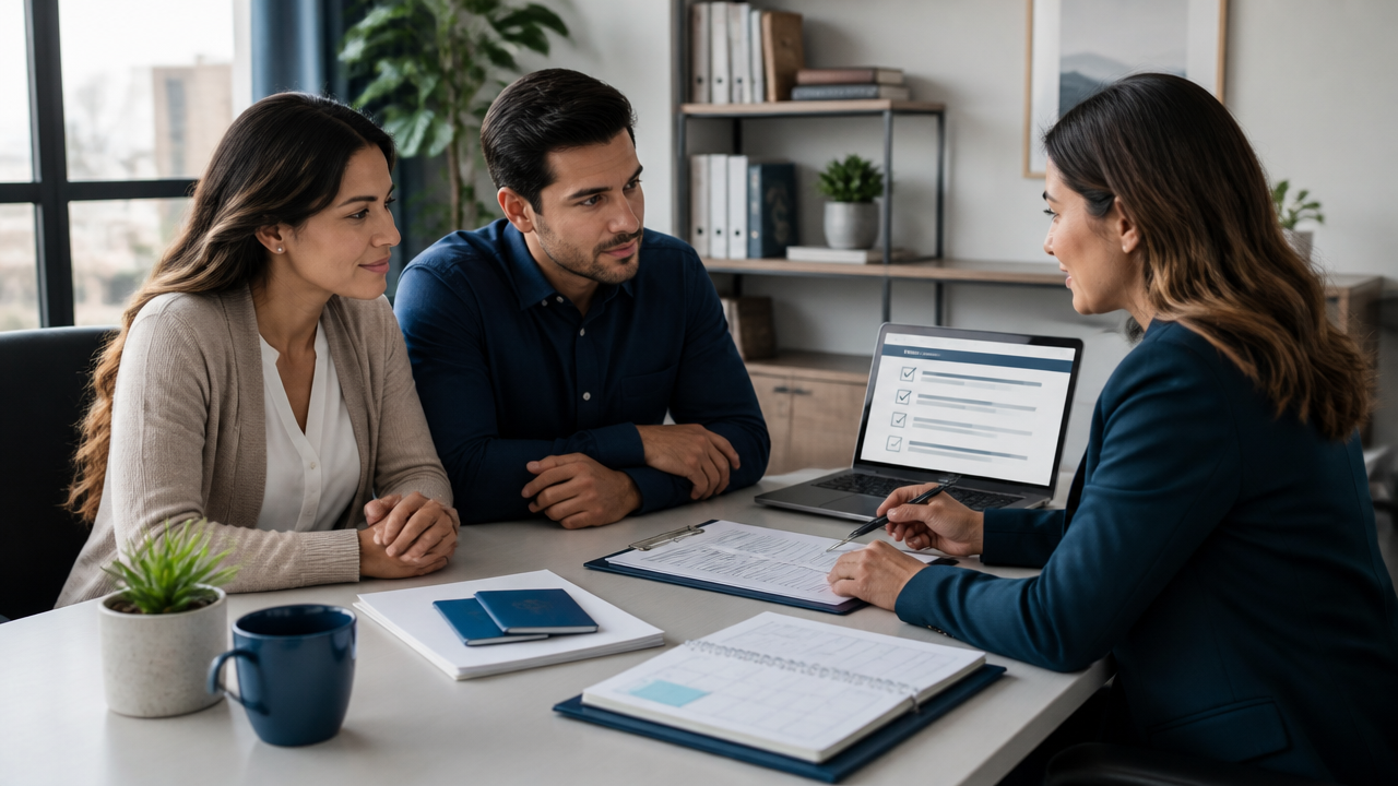 Prospective immigrants reviewing documents with an advisor in a professional office