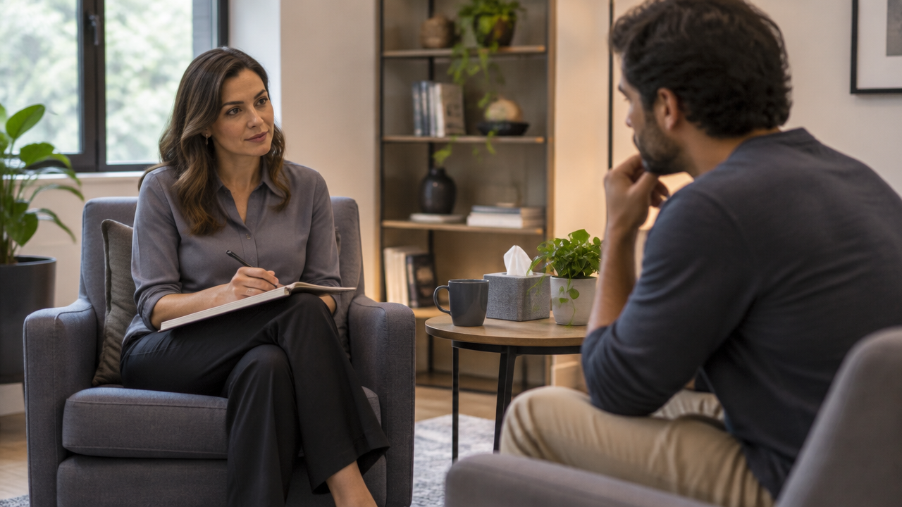 Psicóloga conversa em particular com cliente para avaliar segurança e confidencialidade