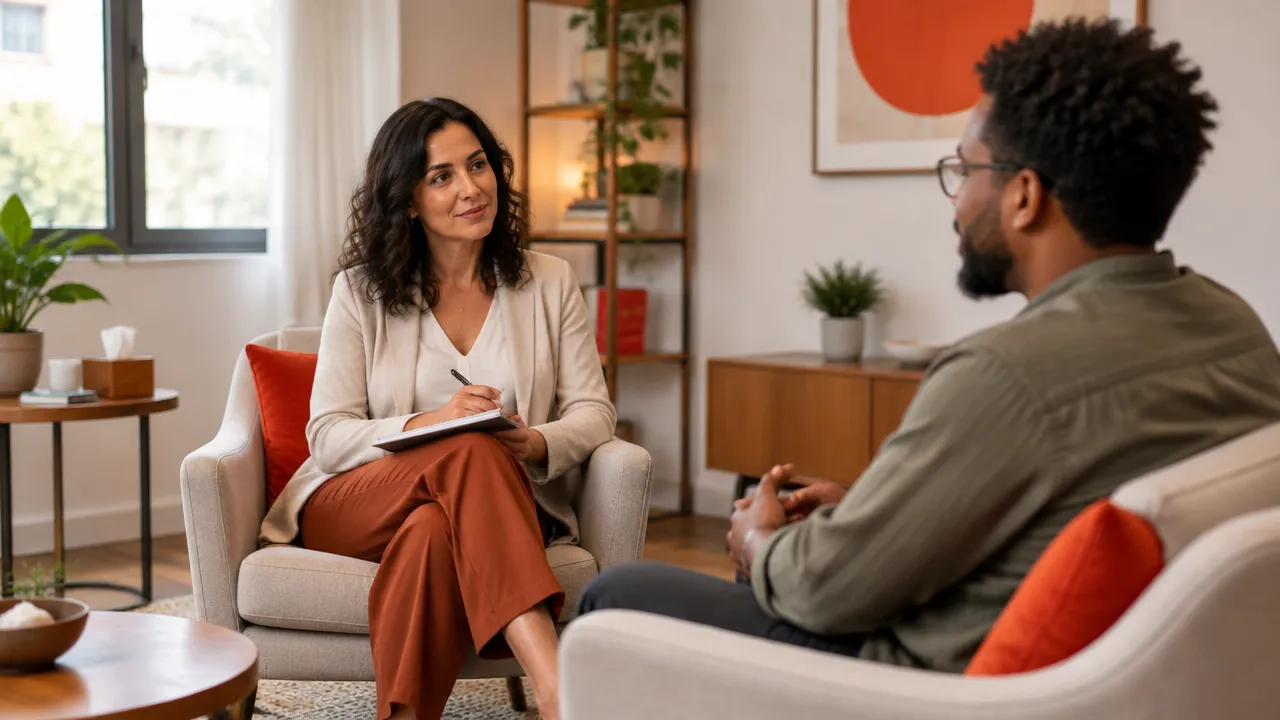 Psicoterapeuta conversa com uma pessoa antes de avaliar sua entrada em um grupo terapêutico