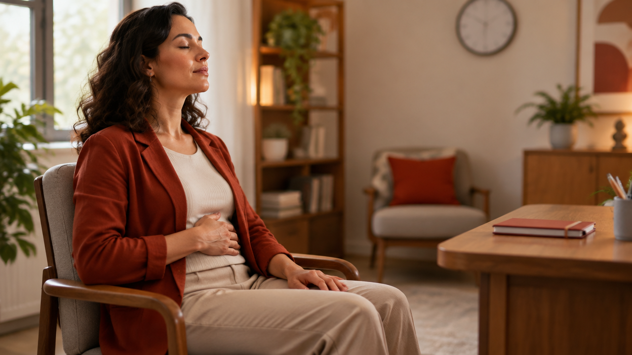 Psicoterapeuta realizando uma pausa breve para notar a respiração e o corpo entre atendimentos