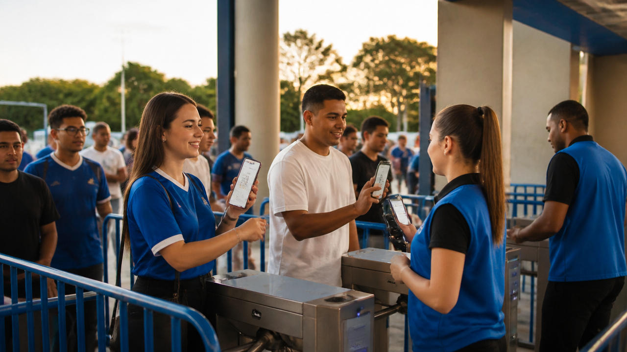 Público entrando em evento esportivo com ingressos digitais no celular e validação por QR Code