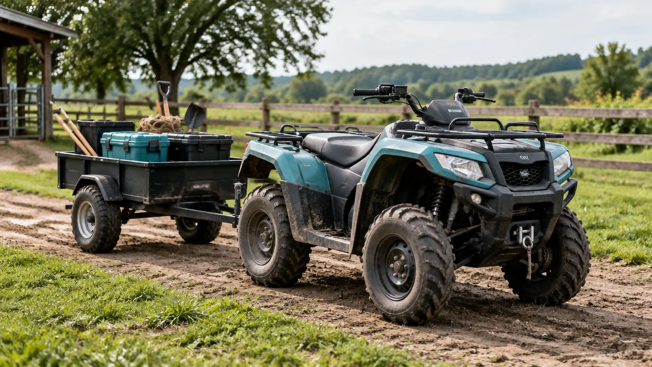 Quadriciclo utilitário genérico com pequeno reboque em terreno rural, representando uso de trabalho.
