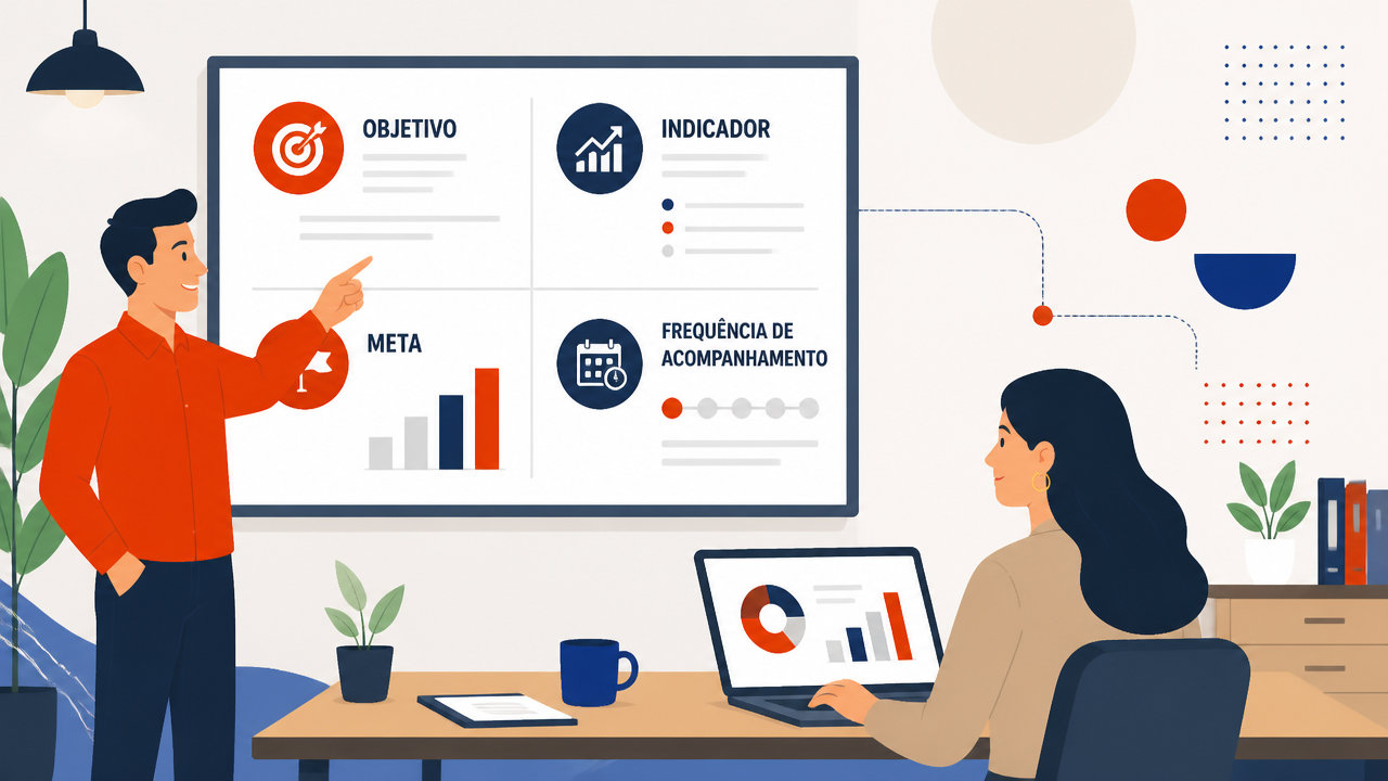 Quadro com objetivo, indicador, meta e rotina de acompanhamento