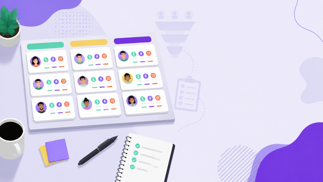 Quadro visual com critérios de priorização de leads em colunas organizadas