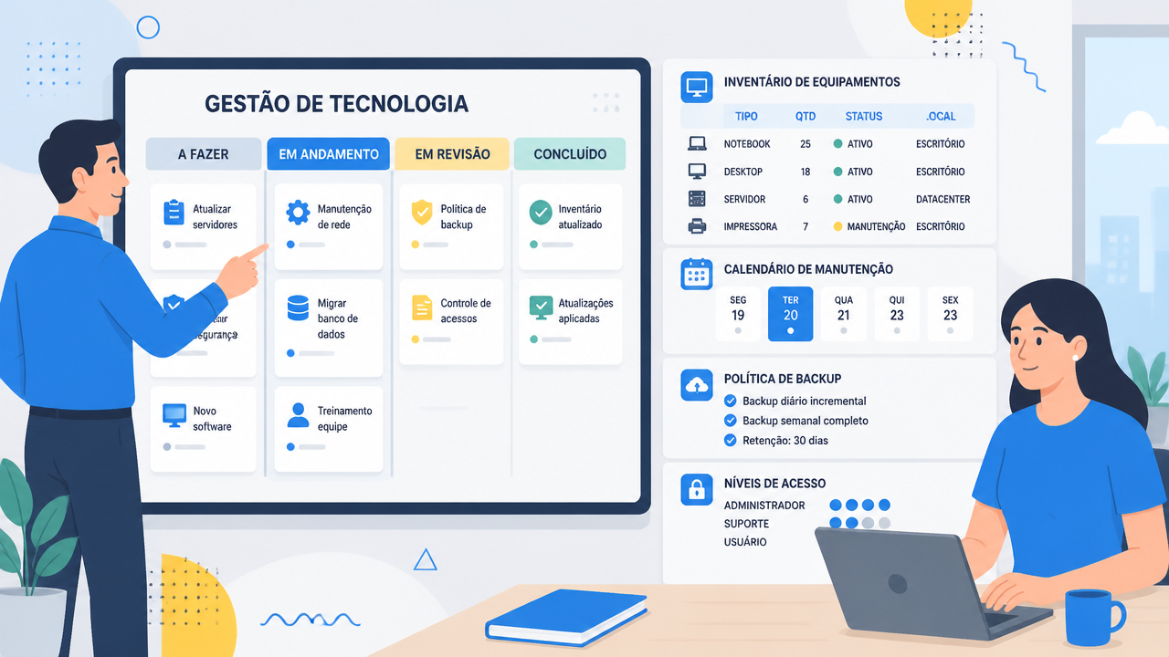 Quadro visual de processos de TI com inventário, backups e acessos sendo revisado por uma equipe