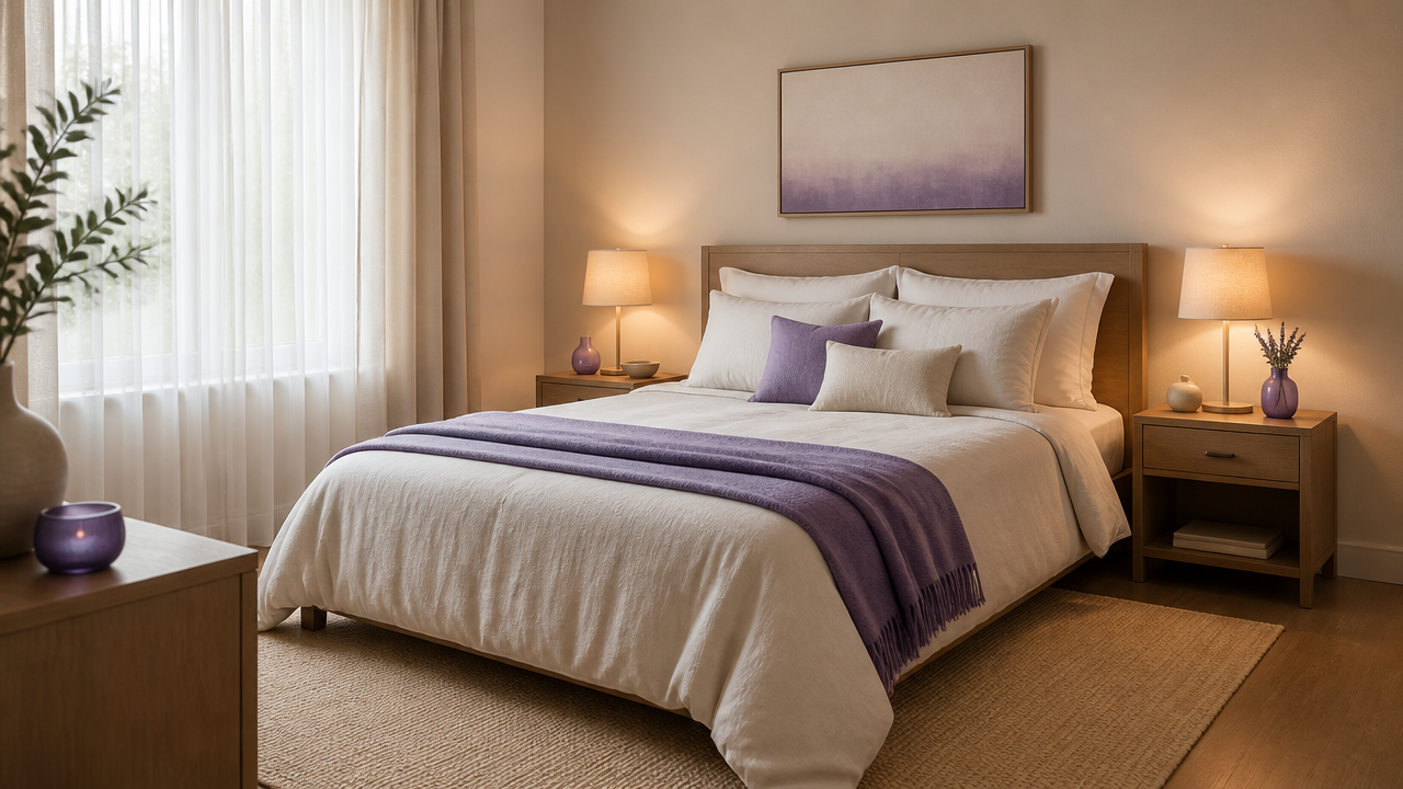 Quarto equilibrado com cama bem posicionada e decoração suave, representando descanso e estabilidade energética.