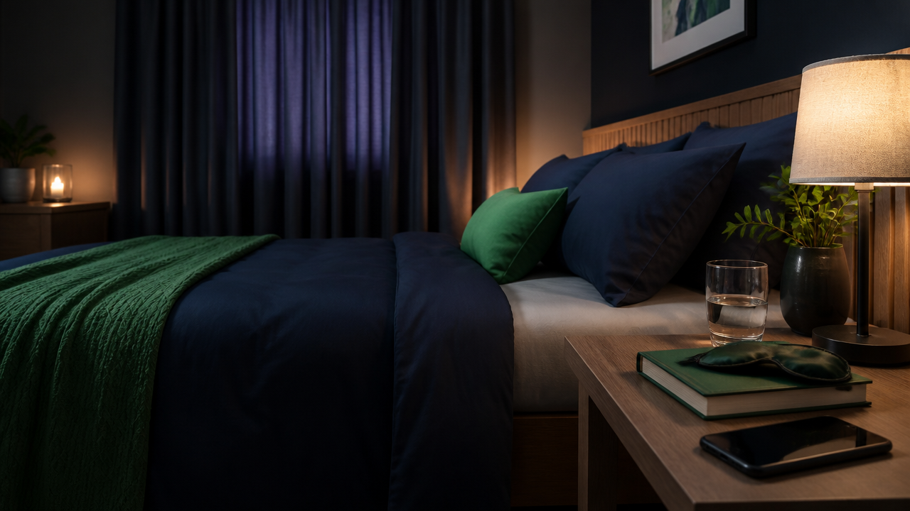 Quarto preparado para dormir com ambiente escuro e poucos estímulos visuais