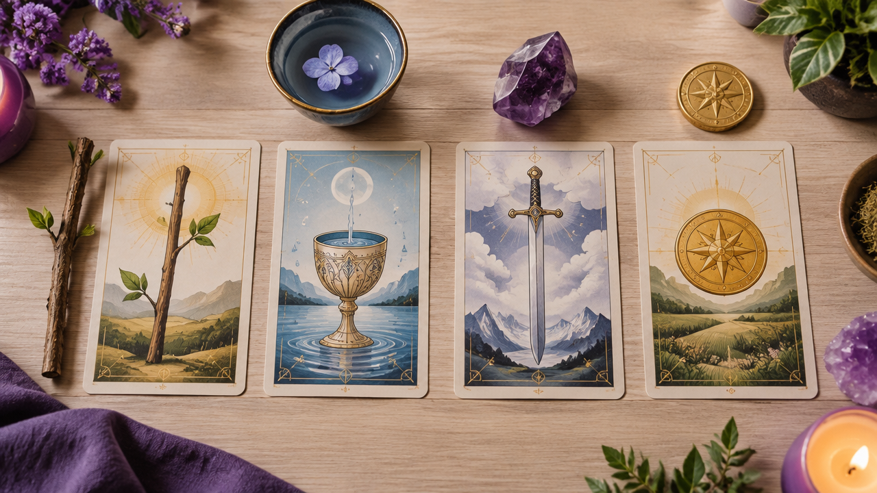 Quatro cartas ilustrativas alinhadas com símbolos de bastão, taça, espada e moeda para representar os naipes do Tarot.