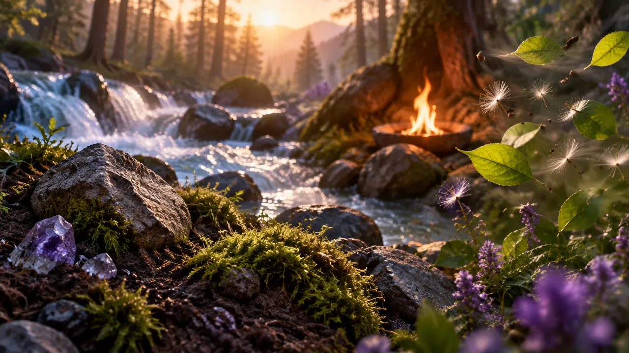 Quatro elementos naturais, pedras e musgo, água corrente, chama suave e folhas levadas pelo vento