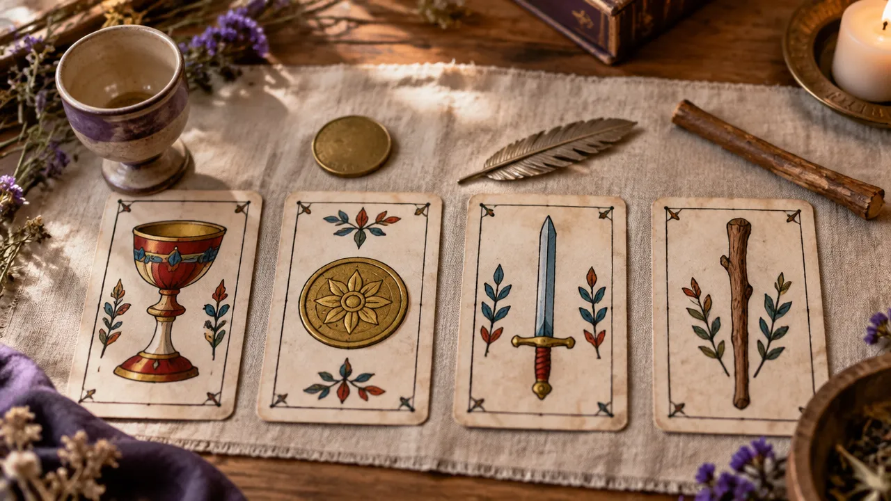 Quatro naipes do Tarot de Marselha representados por taças, moedas, espadas e bastões ao lado das cartas
