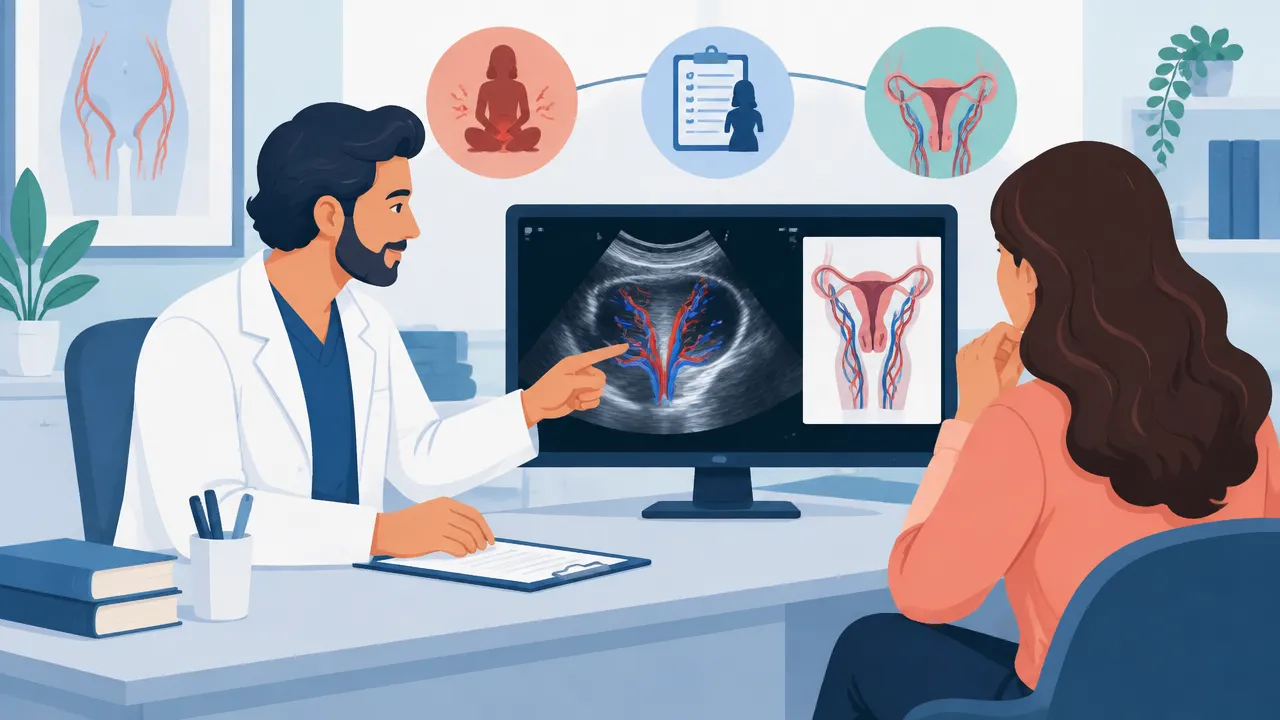Radiologista revisando imagens Doppler da pelve com paciente durante avaliação clínica