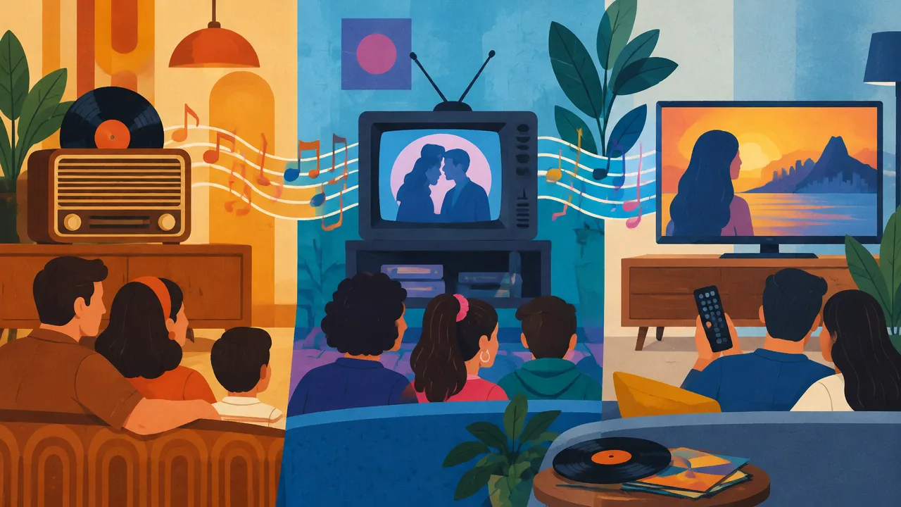 Rádios e televisores de diferentes épocas unidos por notas musicais, simbolizando gerações que lembram as mesmas novelas