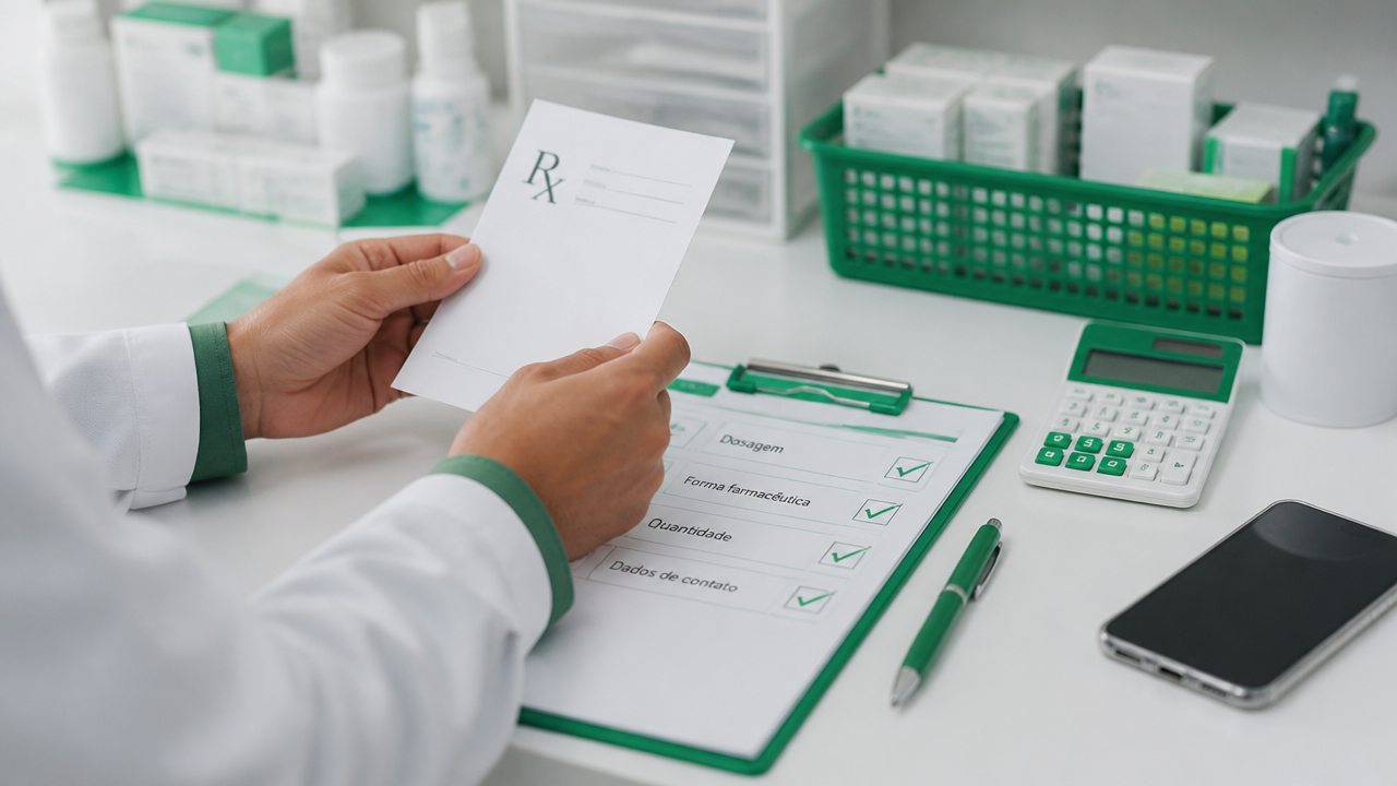 Receita médica e checklist com informações necessárias para pedir orçamento de medicamento manipulado