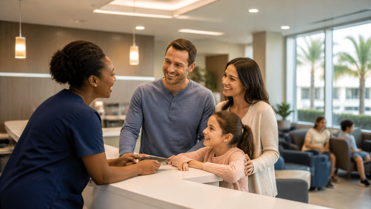 Recepção de atendimento rápido em Orlando com família e criança