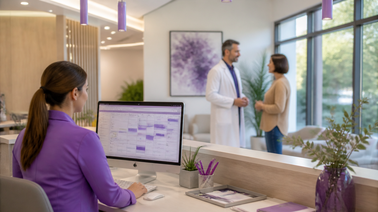 Recepção de clínica com agenda digital organizada e equipe atendendo pacientes
