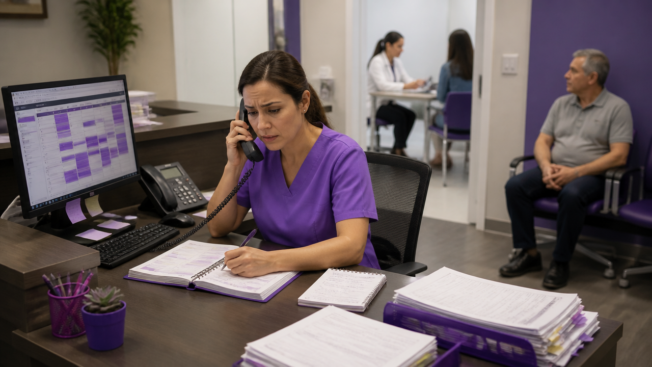 Recepção de clínica com agenda sobrecarregada, anotações e sinais de desorganização operacional