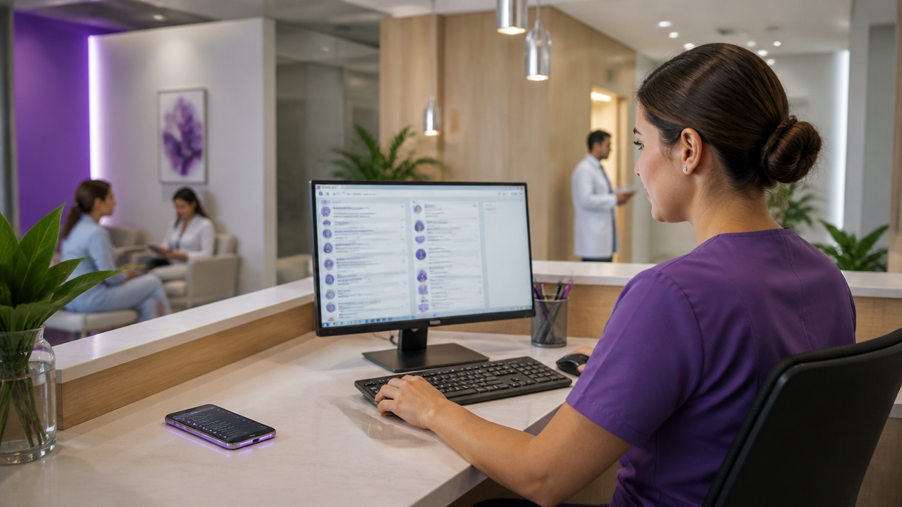 Recepção de clínica com atendente e mensagens de pacientes chegando em tempo real