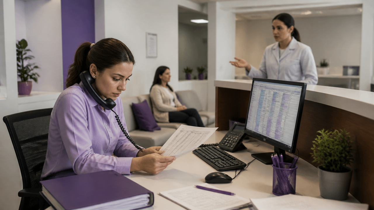 Recepção de clínica lidando com agenda, telefone e registros separados