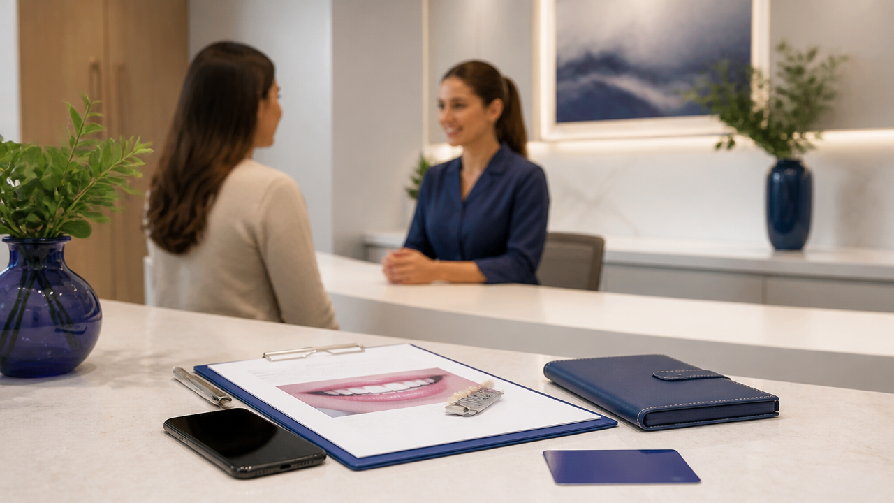 Recepção odontológica com preparo de documentos para avaliação de lentes dentais