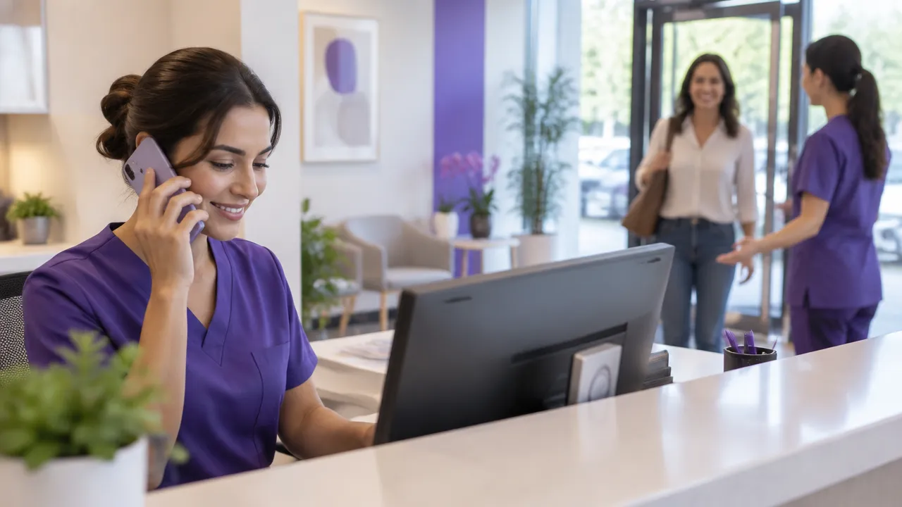 Recepcionista acompanha uma mensagem e a agenda enquanto recebe um paciente na clínica.
