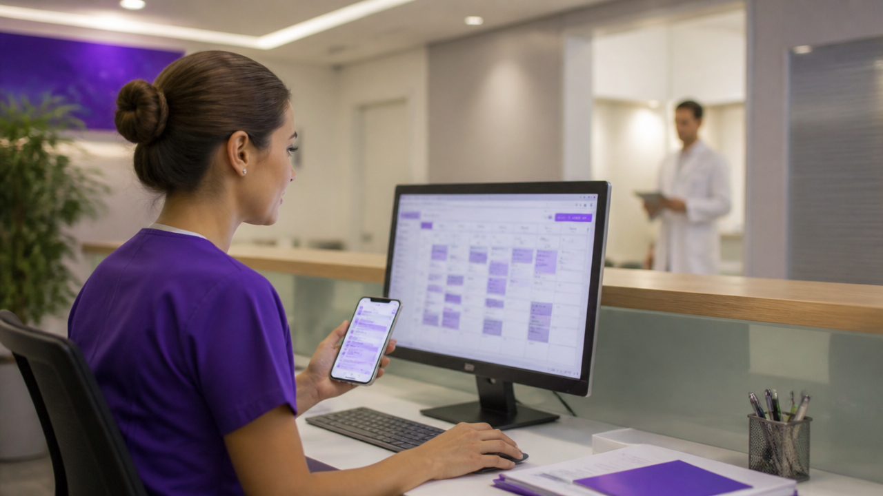 Recepcionista de clínica acompanhando agenda digital e mensagens de confirmação de consultas.