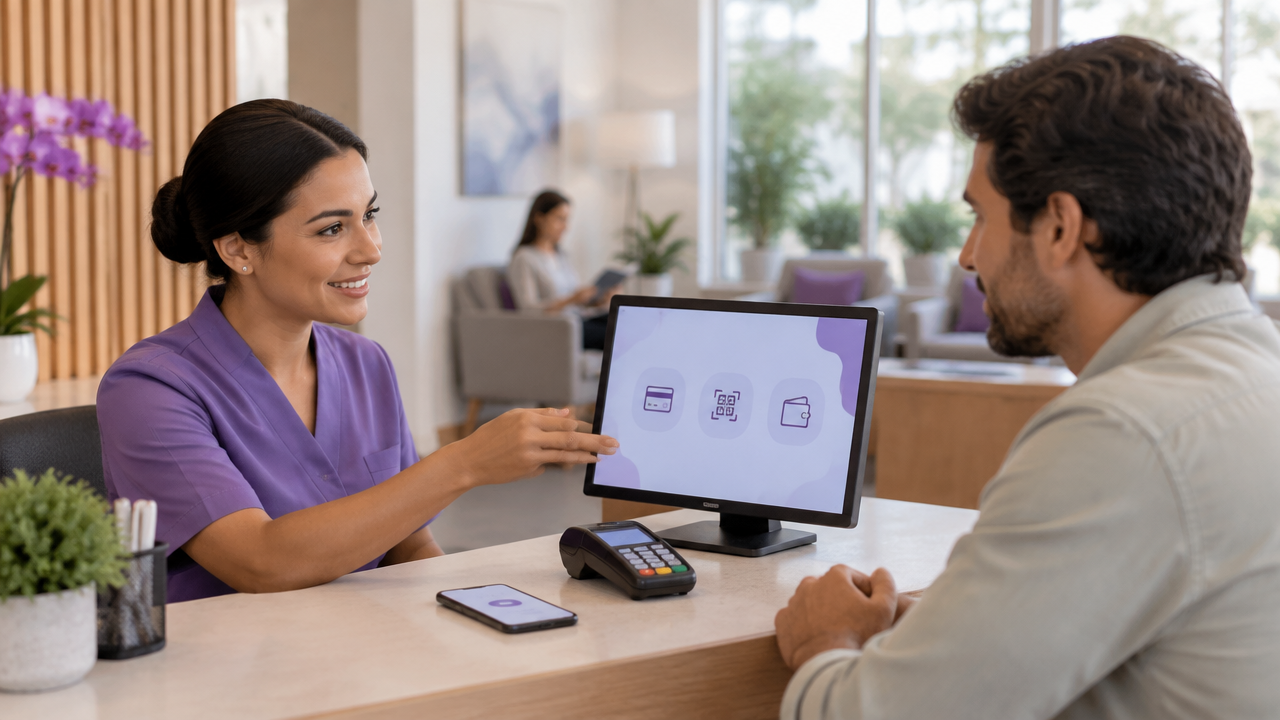 Recepcionista de clínica explica opções de pagamento a um paciente diante de um computador e uma maquininha