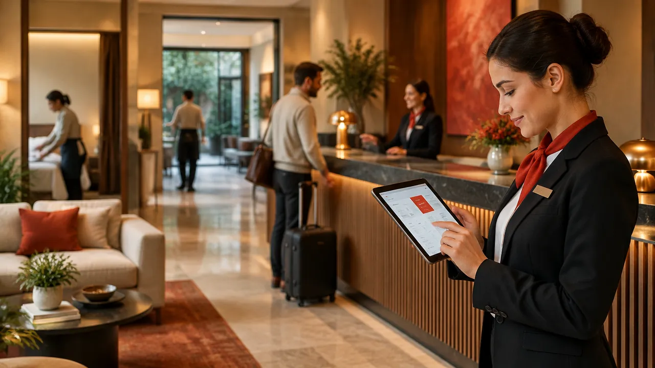 Recepcionista de hotel usando um sistema digital para coordenar reservas e operações