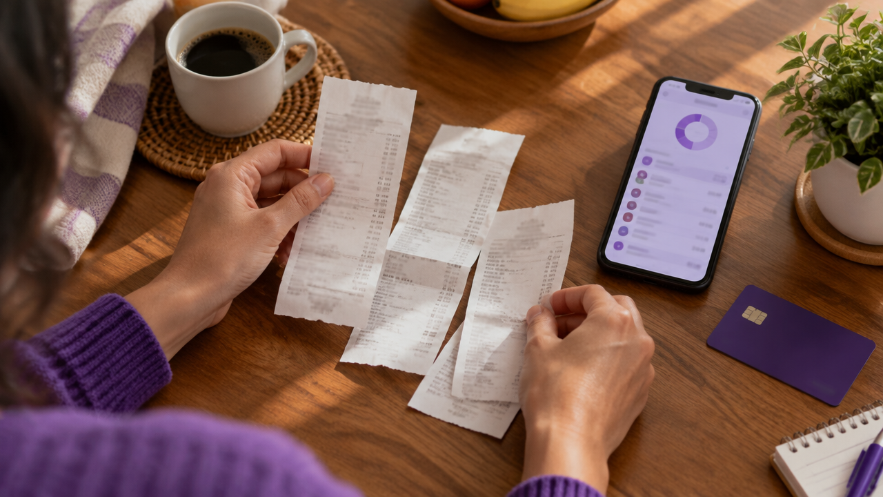 Recibos de compras cotidianas sendo revisados ao lado de um celular para identificar pequenos gastos