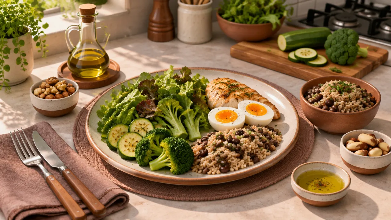 Refeição equilibrada em estilo isométrico com vegetais, proteína, feijão e arroz integral em porções distintas.