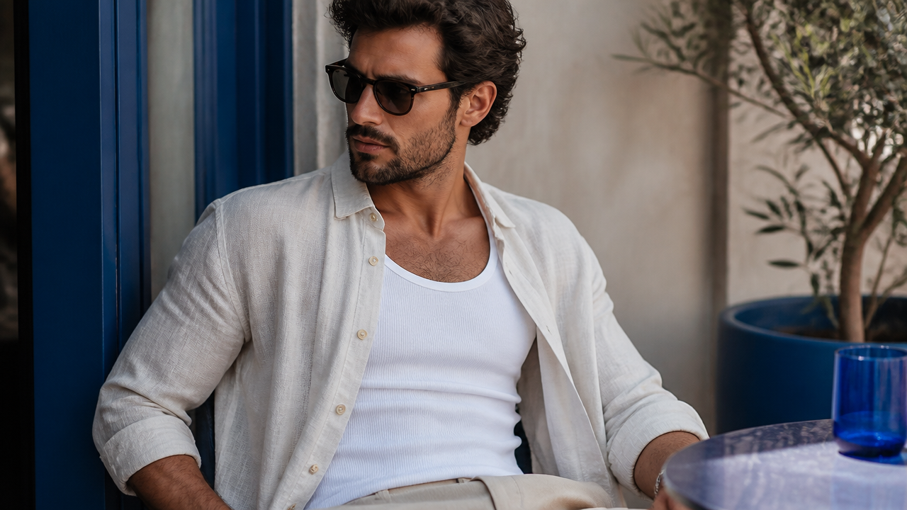 Regata masculina branca com camisa aberta e calça clara em combinação casual