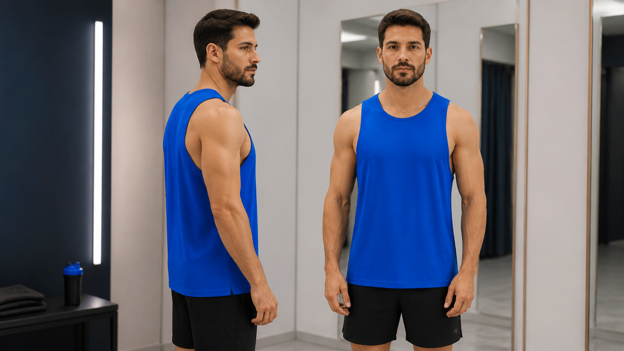 Regata masculina de modelagem ampla mostrada de frente e de lado para destacar o caimento no corpo