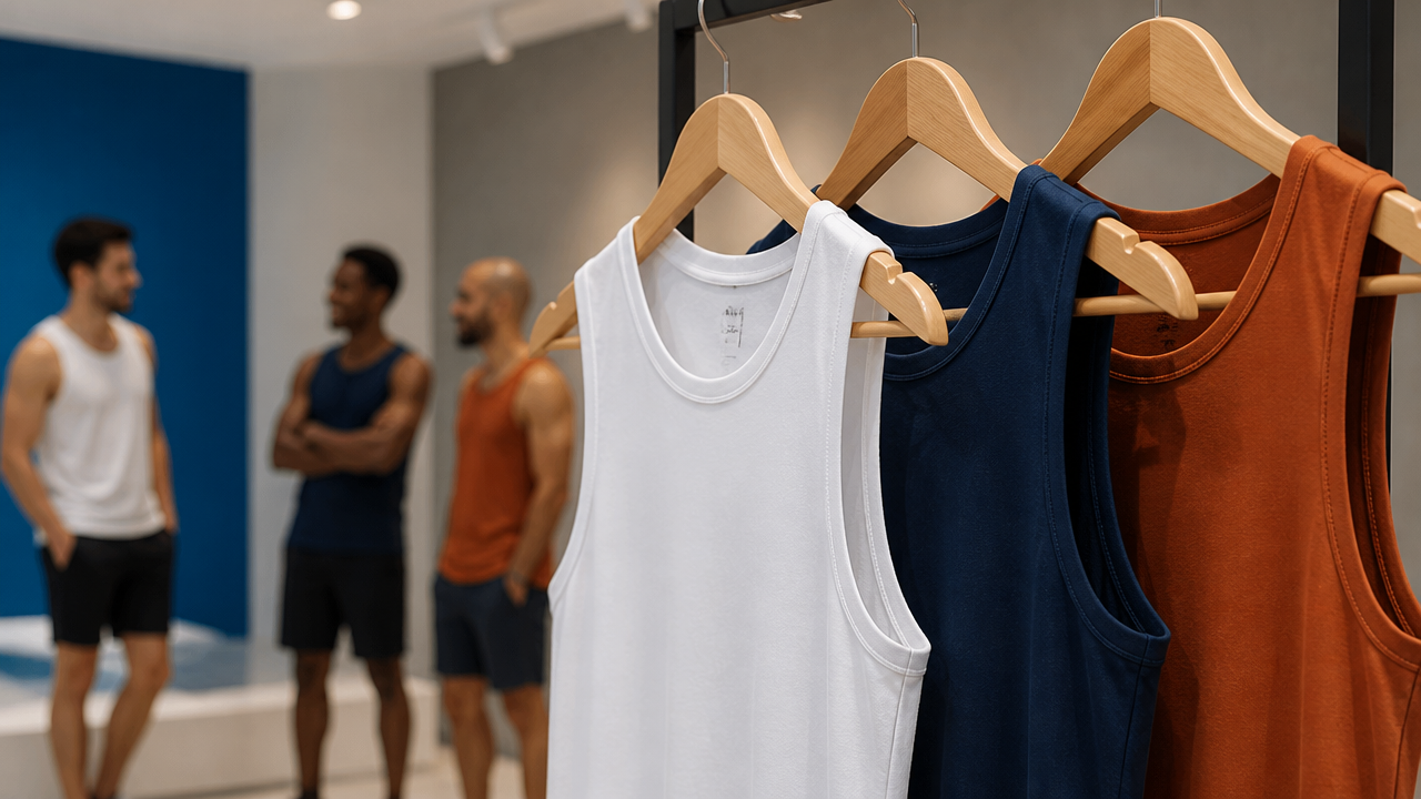 Regatas masculinas em cores neutras e terrosas organizadas para comparar combinações.