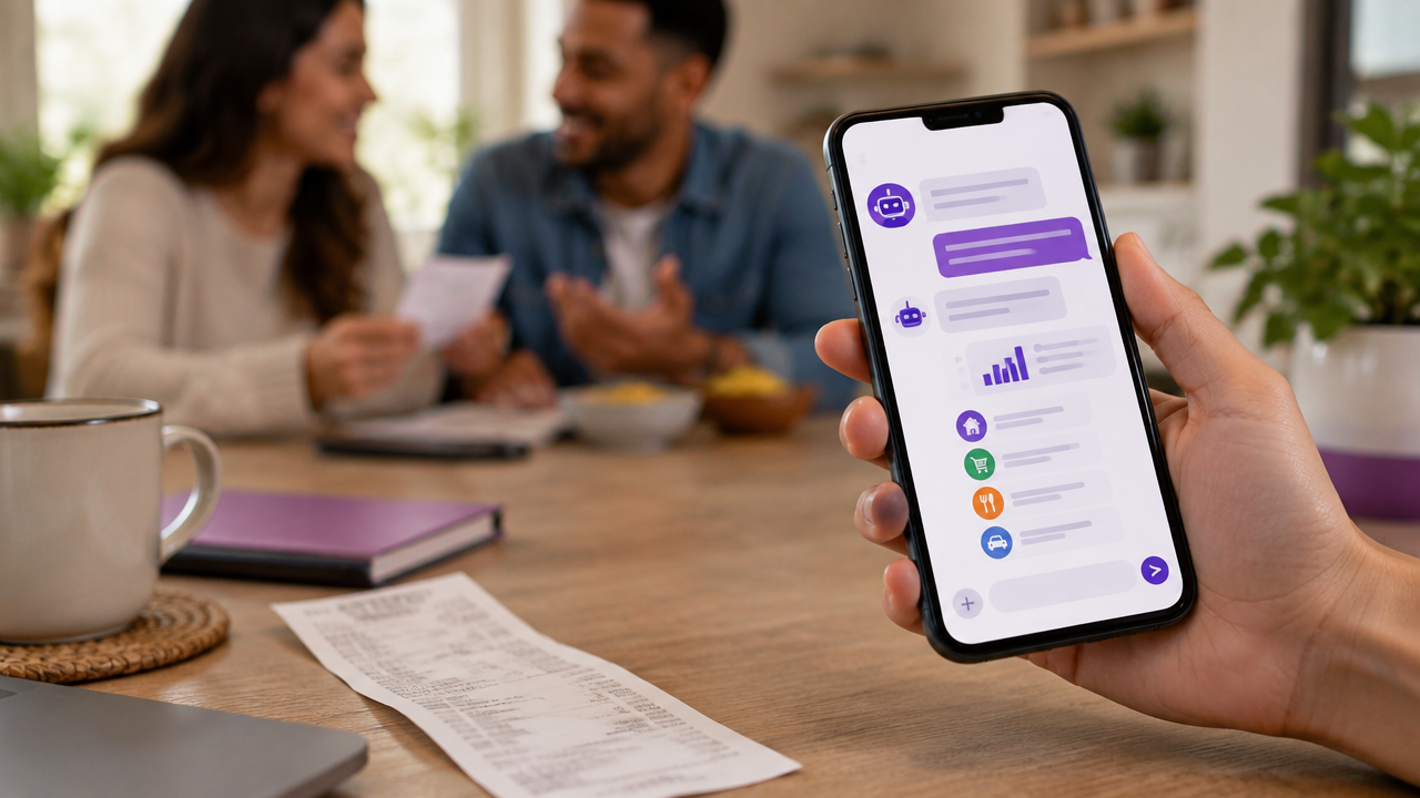 Registro de uma despesa pelo celular enquanto o casal organiza as finanças